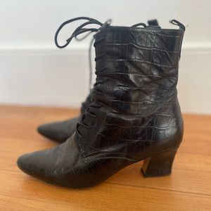 Miista Zelie Black Croc Leather Lace-up Boots 41